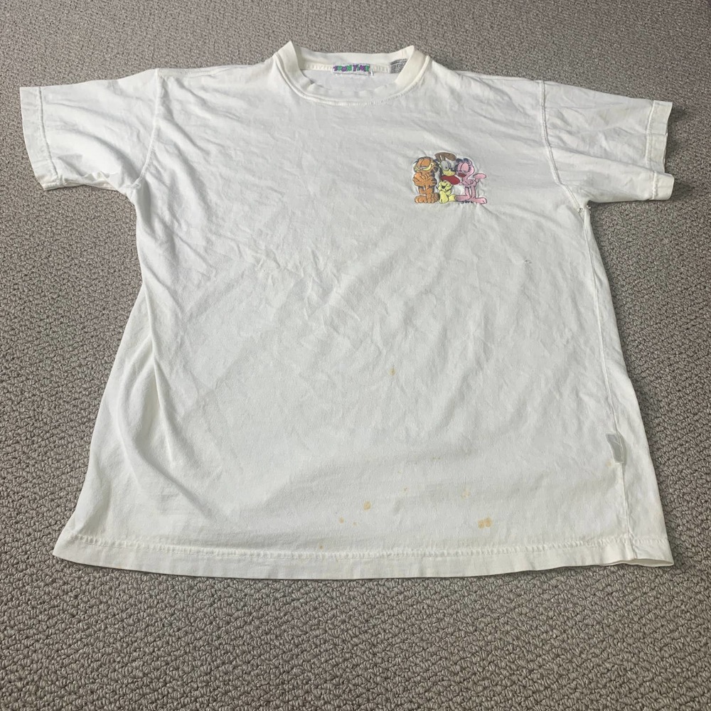Toon Time Mens T Shirt Size Large White Embroidered Garfield Short Sleeves